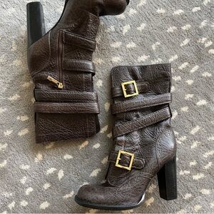 Tory Burch Dark Brown Buckled Leather High-Heel Moto Boots